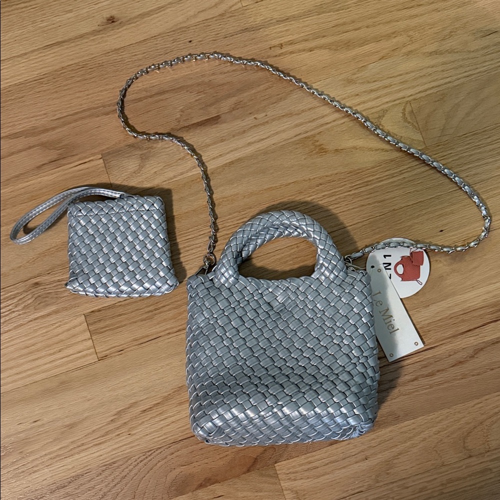 Handwoven Metallic Silver Mini Tote Crossbody with Coin Pouch